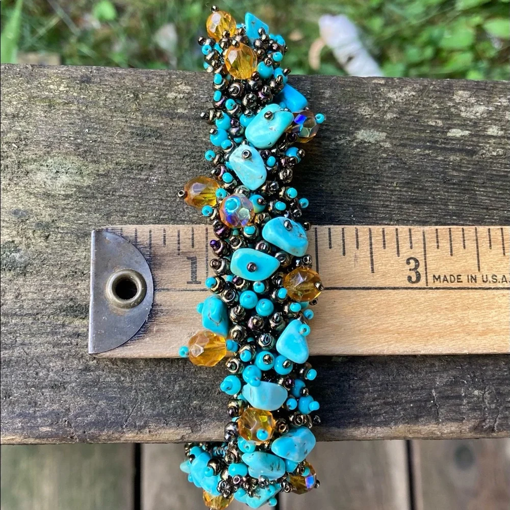 BRACELET 8” ARTISAN MADE Turquoise Blue Bronze Gold Beaded Magnetic Close